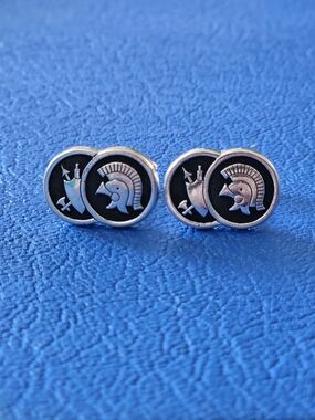 Vintage Anson Spartan Warrior Cufflinks | Silver Tone Black Enamel Roman Greek H